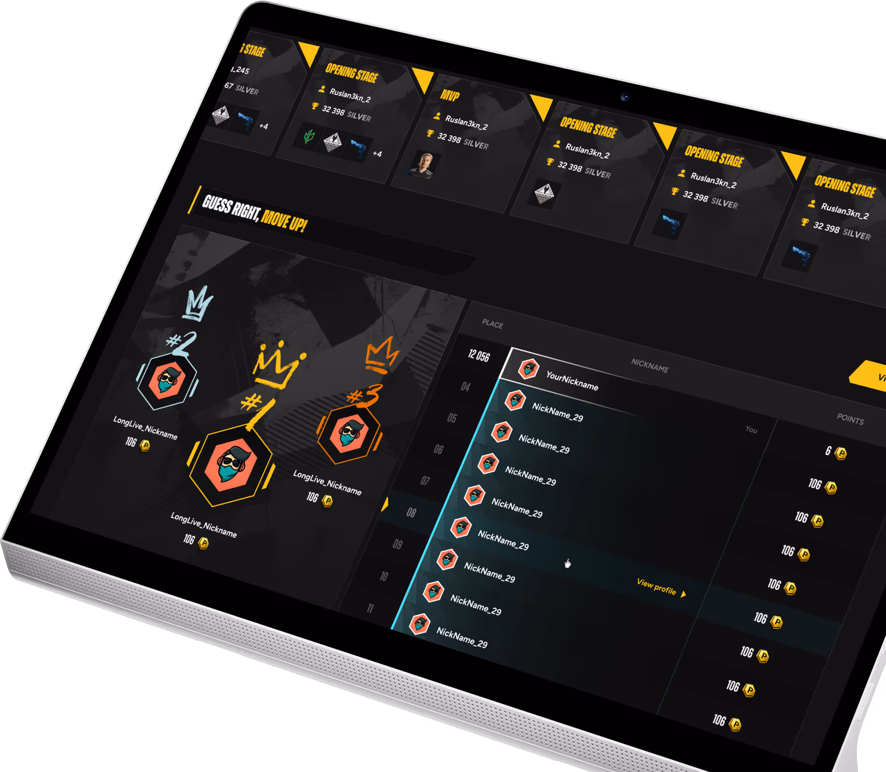 Gaming leaderboard interface on tablet displaying top three players with crowns and a ranking list of nicknames and points.