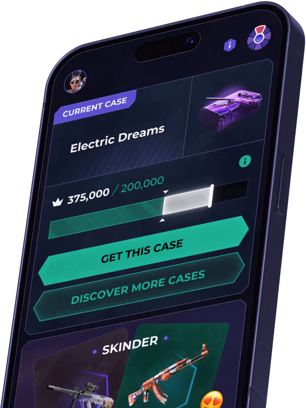 Smartphone screen displaying a game interface for the current case 'Electric Dreams' with a progress bar, buttons labeled 'Get This Case' and 'Discover More Cases', and images of virtual weapon skins.