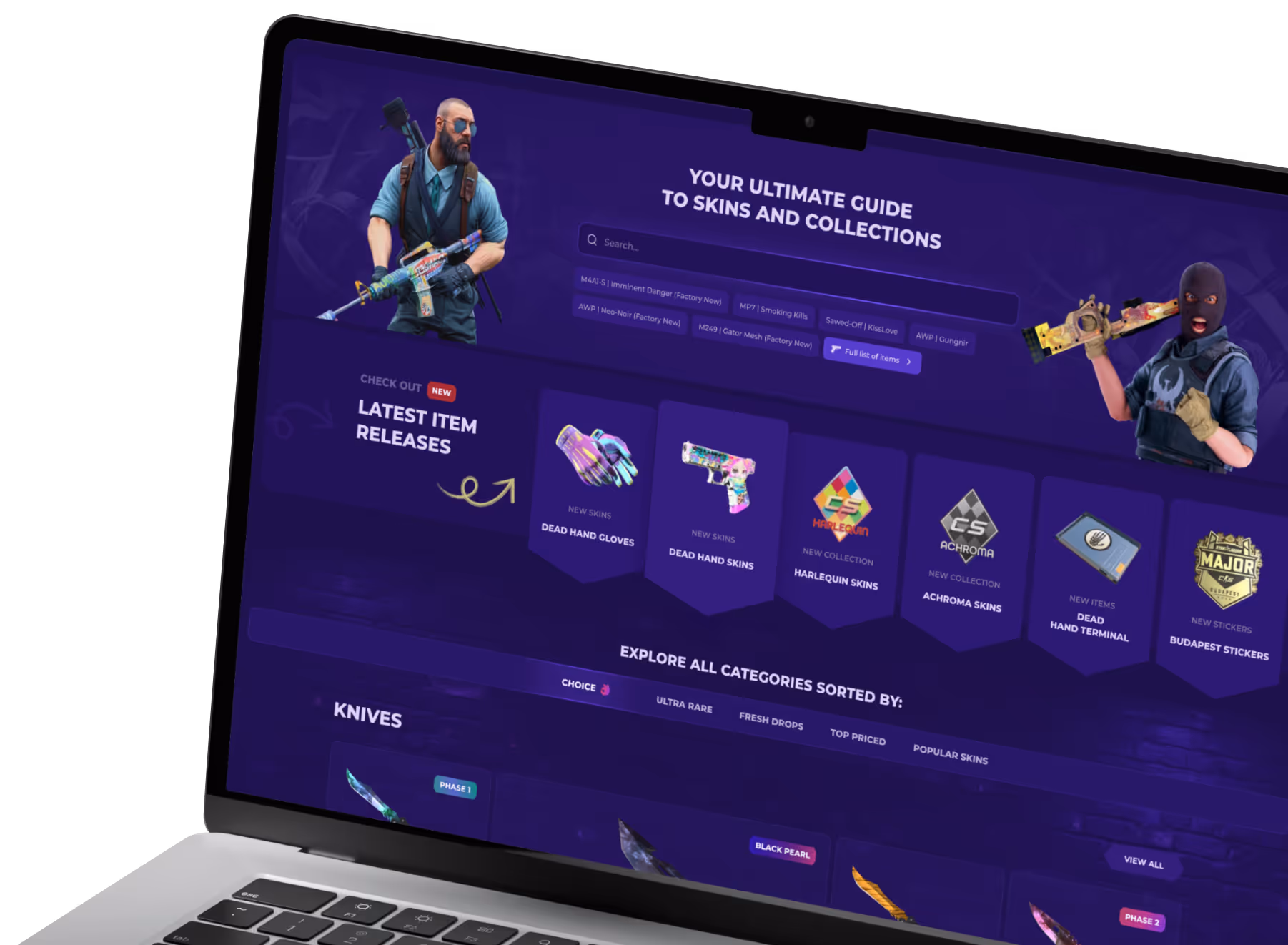 Gaming website interface on laptop screen showing a guide to skins and collections with categories like latest item releases, new skins, collections, and stickers.