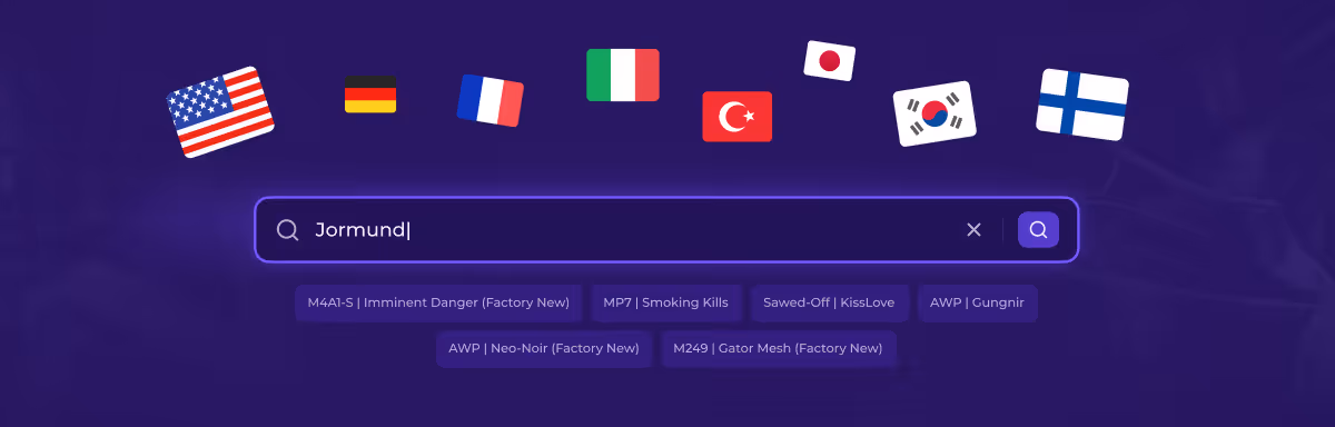 Search interface with a text box containing 'Jormund', surrounded by flags of the USA, Germany, France, Italy, Turkey, Japan, South Korea, and Finland, along with tags naming various weapon skins.