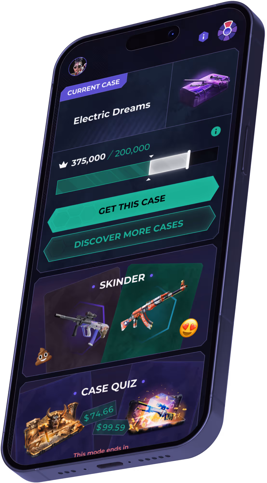 Mobile screen showing a game app with a current case named Electric Dreams, progress bar with 375,000/200,000 points, options to get the case or discover more cases, weapon skins section named Skinder with two guns displayed, and a case quiz with prices $74.66 and $99.59.