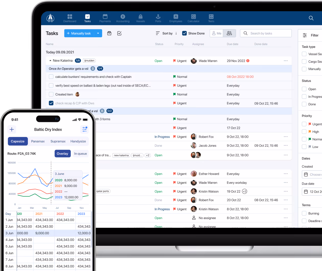 Dashboard interface on a laptop showing task list with statuses, priorities, and assignees, alongside a smartphone screen displaying the Baltic Dry Index graph with data for different ship types and years.