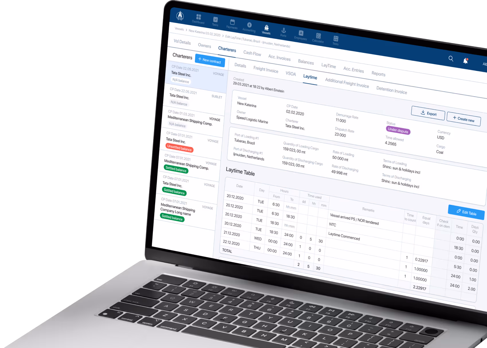 Dashboard interface on a laptop showing task list with statuses, priorities, and assignees, alongside a smartphone screen displaying the Baltic Dry Index graph with data for different ship types and years.