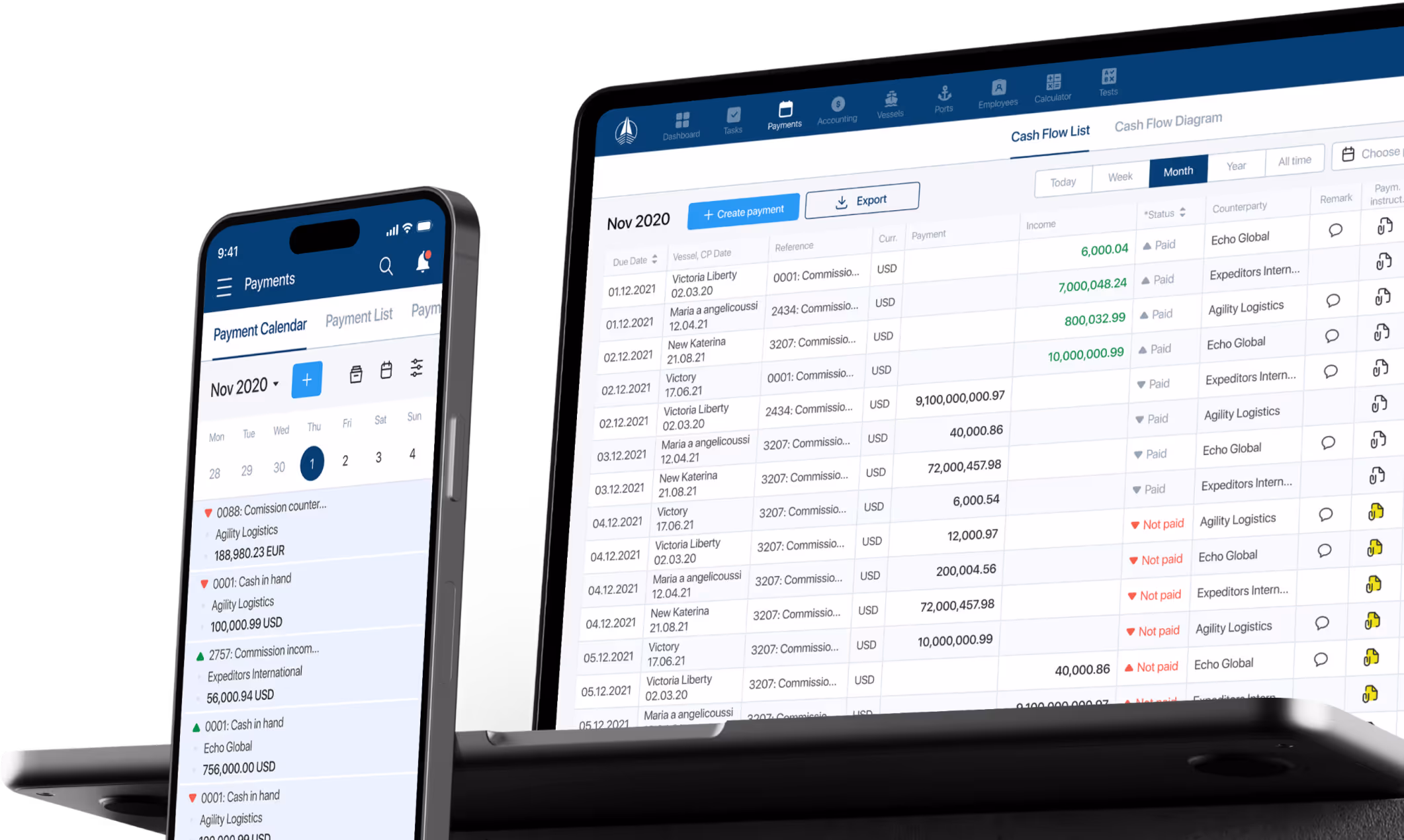 Mobile phone and laptop showing payments and cash flow list screens with dates, amounts, and payment status in a finance application interface.