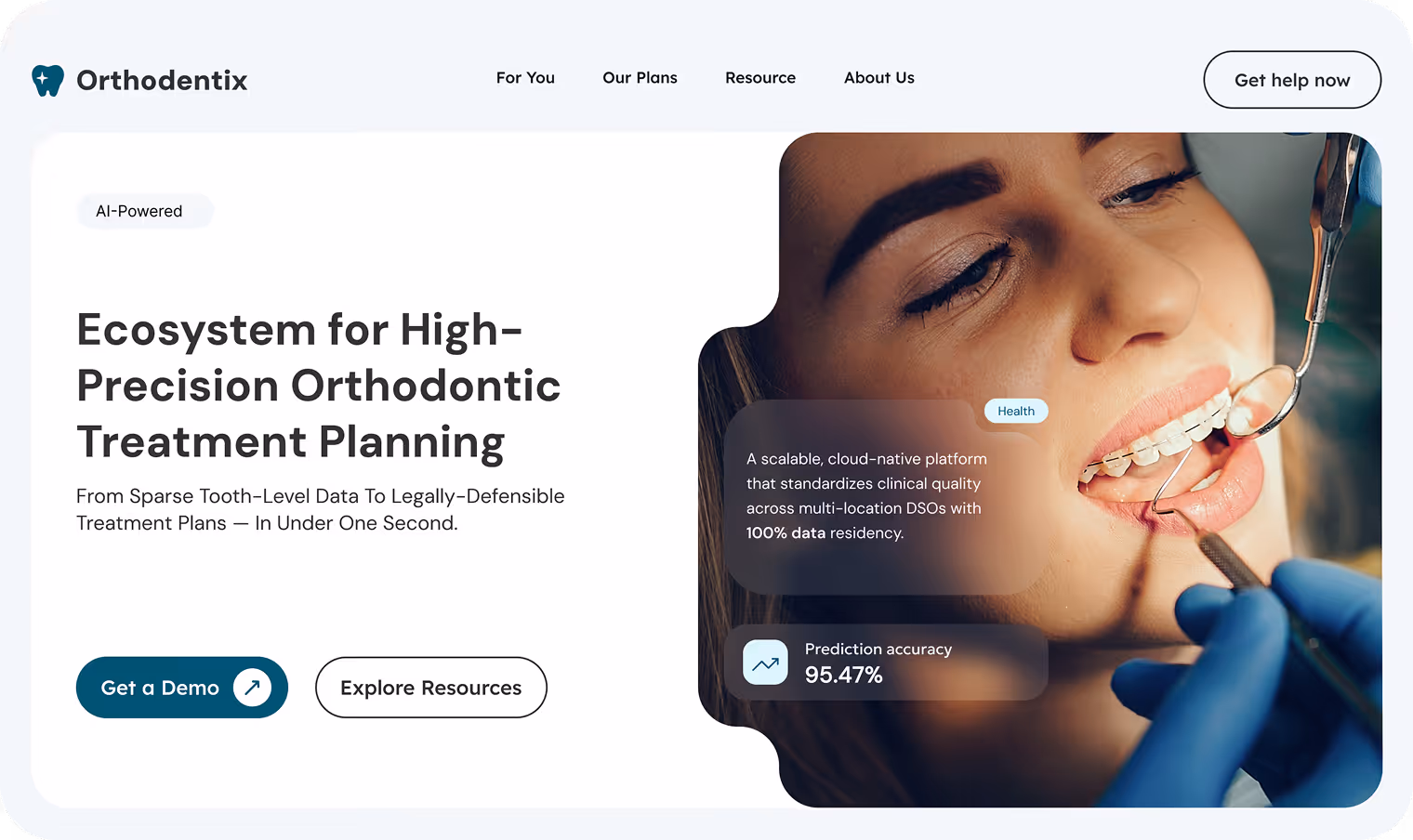 Close-up of a woman smiling with braces while a dental professional wearing blue gloves adjusts her braces with dental tools.