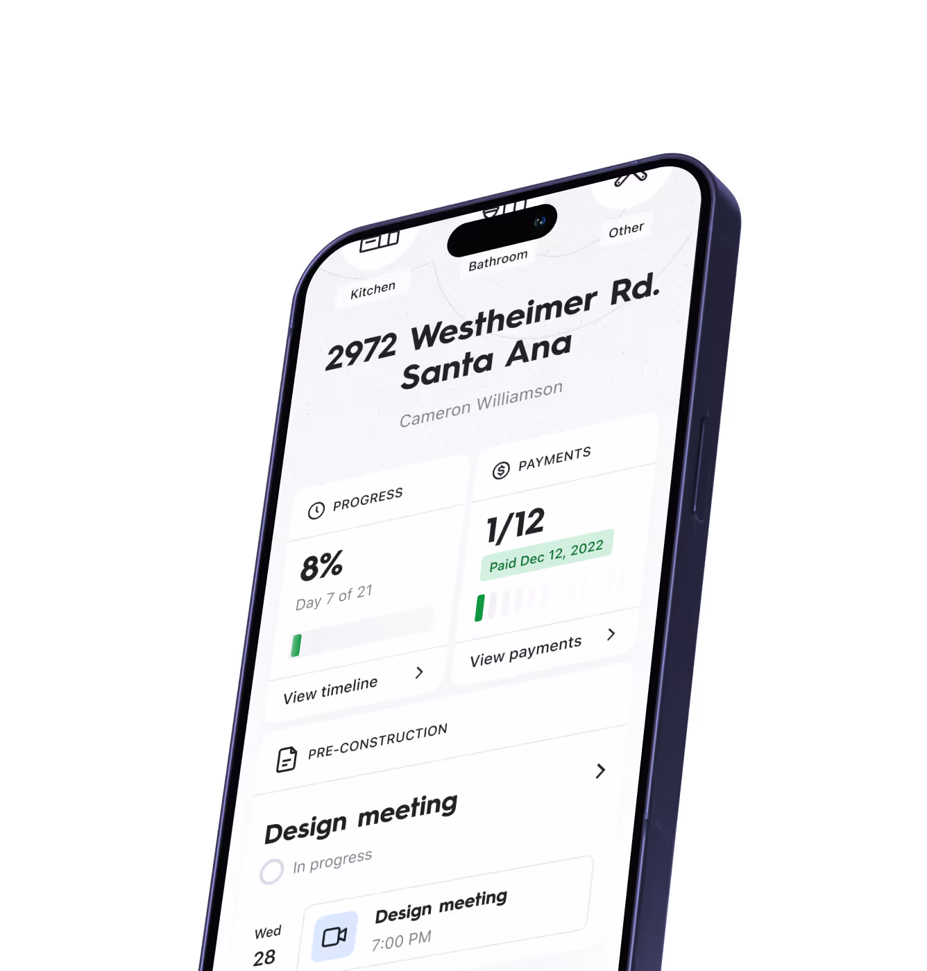 Smartphone screen showing a project management app with progress at 8%, one of twelve payments made, and a scheduled design meeting at 7:00 PM.