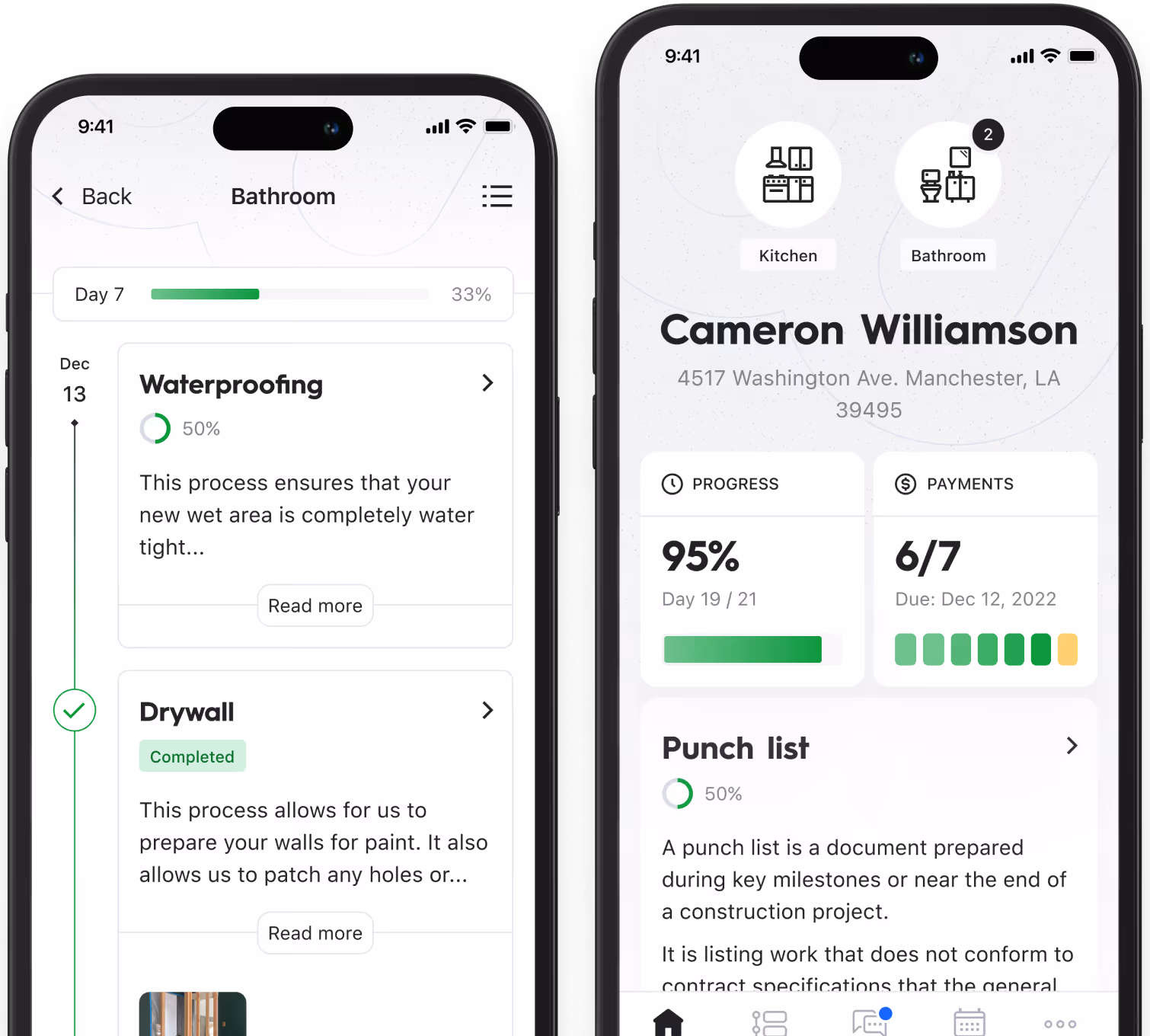 Two smartphone screens showing a home renovation app; left screen displays bathroom tasks with progress bars for waterproofing and drywall, right screen shows user Cameron Williamson's profile with project progress at 95% and payments completed 6 of 7.
