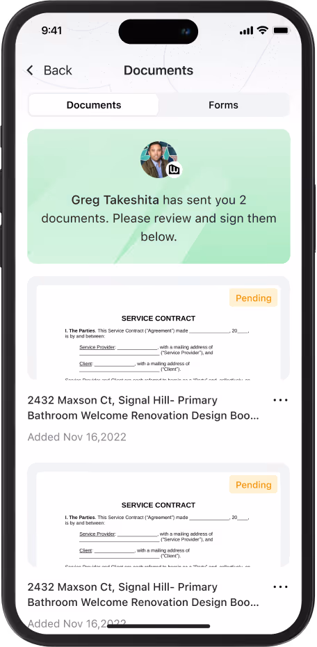 Smartphone screen showing a documents app where Greg Takeshita has sent 2 pending service contract documents for 2432 Maxson Ct, Signal Hill bathroom renovation design.