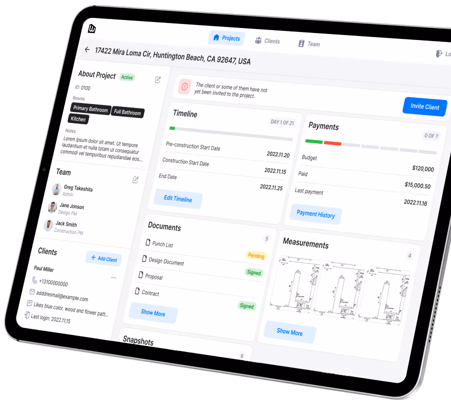 Tablet screen showing a project management dashboard for a renovation at 17422 Mira Loma Cir, Huntington Beach, with sections for timeline, payments, documents, measurements, team, and clients.