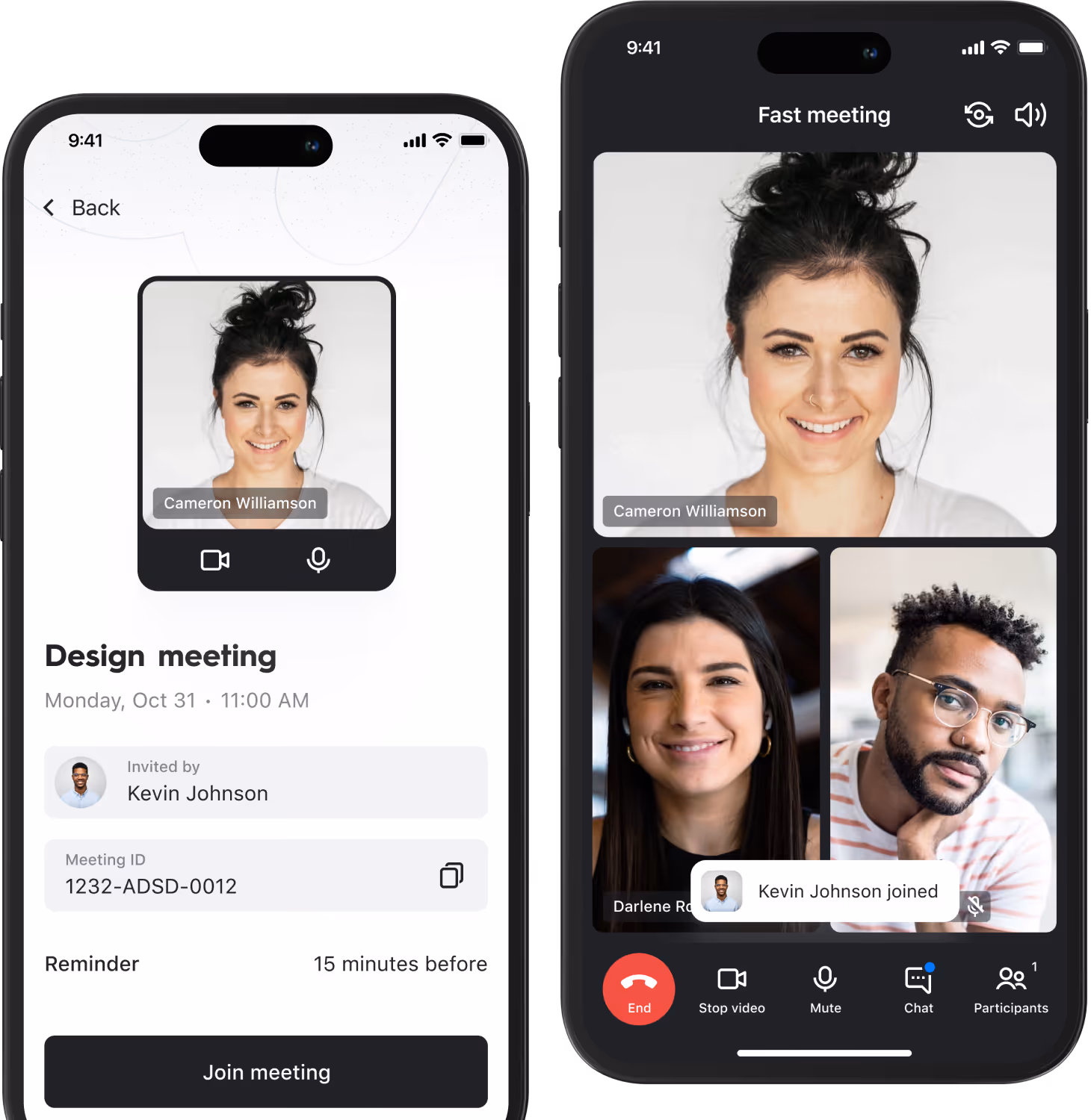 Two phone screens showing a virtual meeting app: left screen is a design meeting invite for Oct 31 at 11:00 AM, right screen shows a video call with four participants.