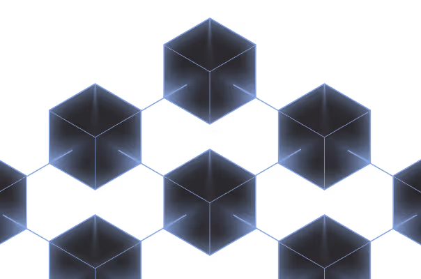 Glowing translucent cubes connected by lines forming a network pattern on a black background.