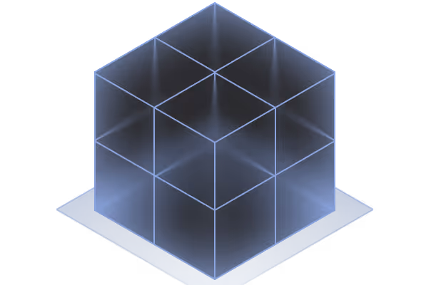 Transparent glowing cube made of smaller cubes arranged in a 3x3 grid on a dark background.