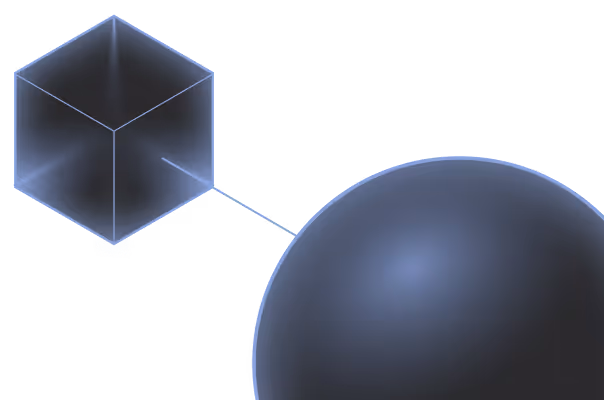 Transparent cube connected to a large shaded sphere by a thin line on a black background.