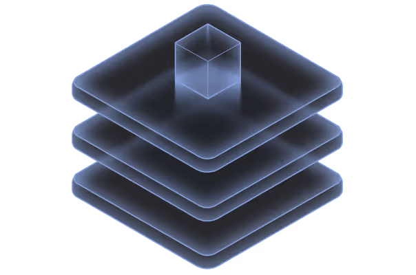 Three layered translucent blue squares stacked, with a transparent cube floating above the top layer.