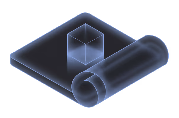 3D blueprint with a cube shape and a rolled-up plan on a black background.