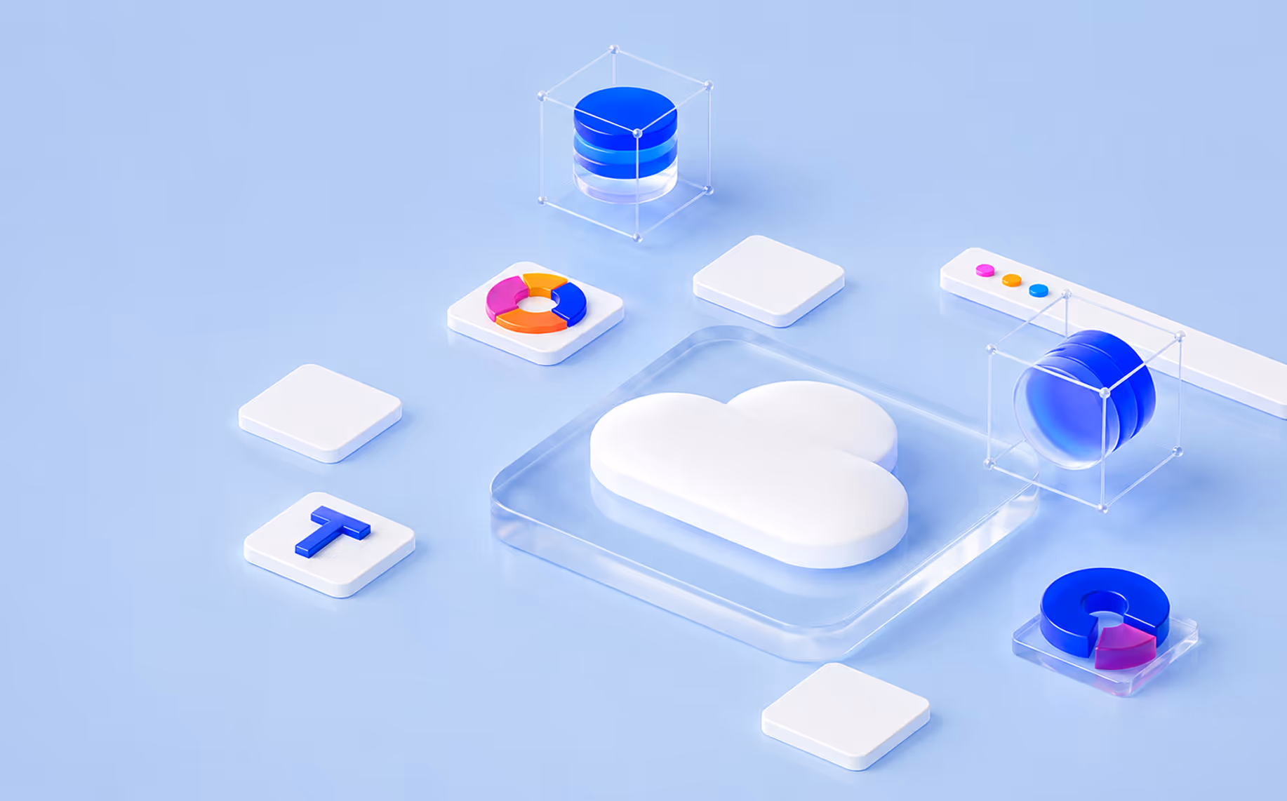 3D cloud icon surrounded by data charts and blocks on a light blue background.