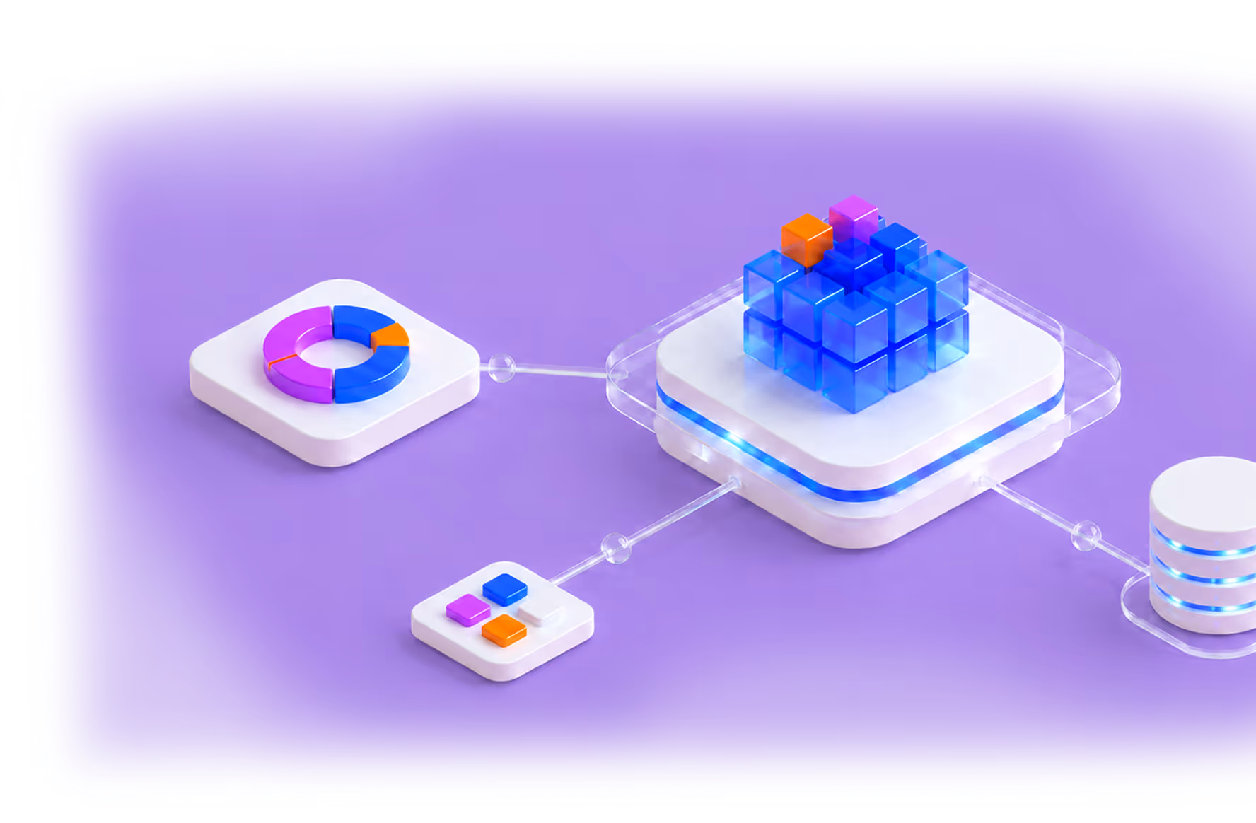 3D digital network with colorful cubes, pie chart, and database icons connected on a purple background.