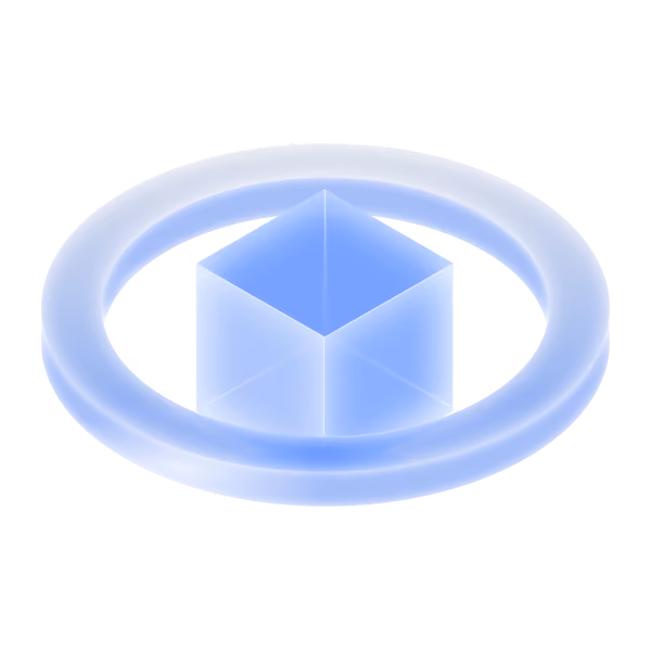 Blue translucent 3D cube enclosed by a glowing ring on black background.