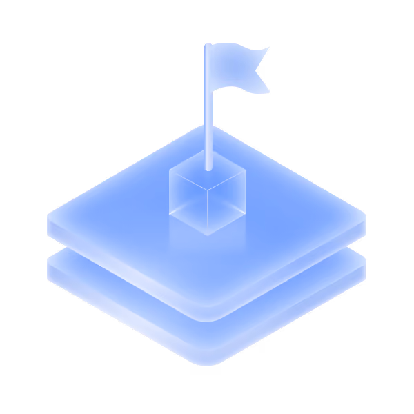 Blue translucent 3D layered platform with a flagpole and flag on top of a small cube.
