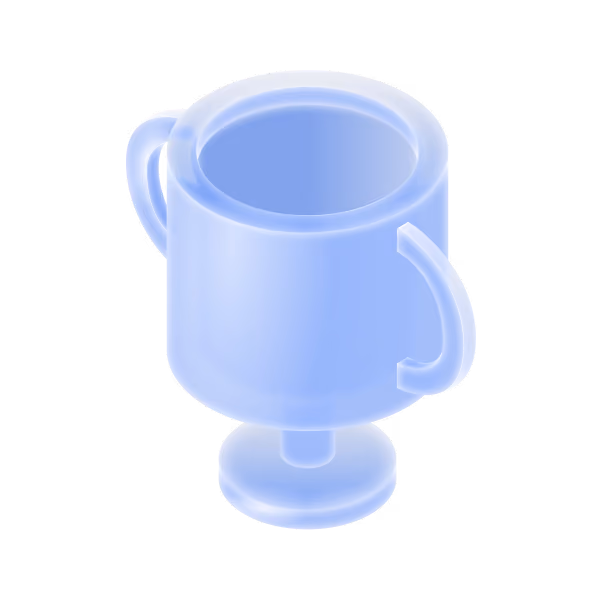 Blue translucent trophy cup with two handles and a round base on black background.