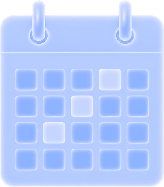 Blue glowing calendar icon with 5 rows and 4 columns of small rectangles representing days.