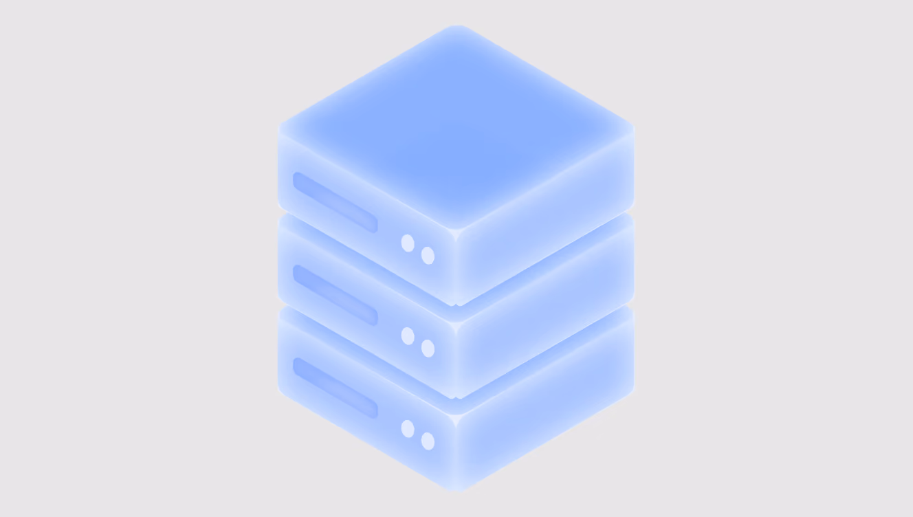Three stacked glowing blue server or database units on a light gray background.