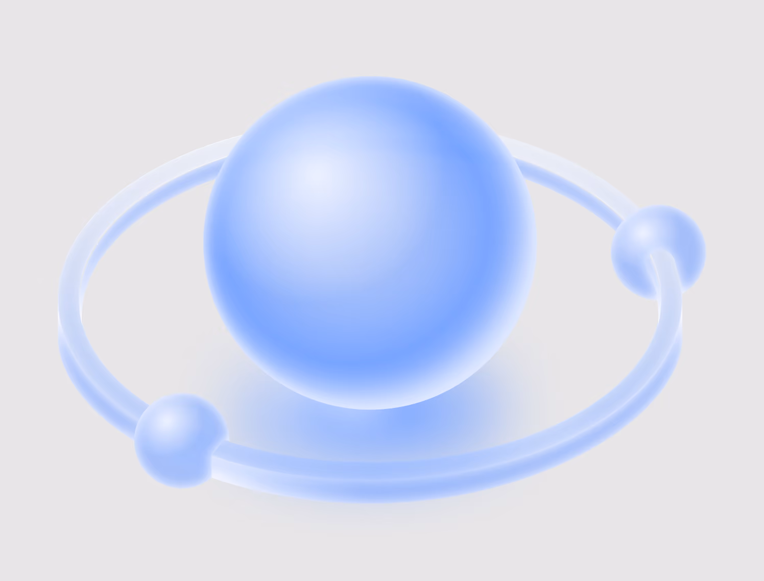 Blue atom model with a large central sphere and two smaller spheres orbiting on a circular path.