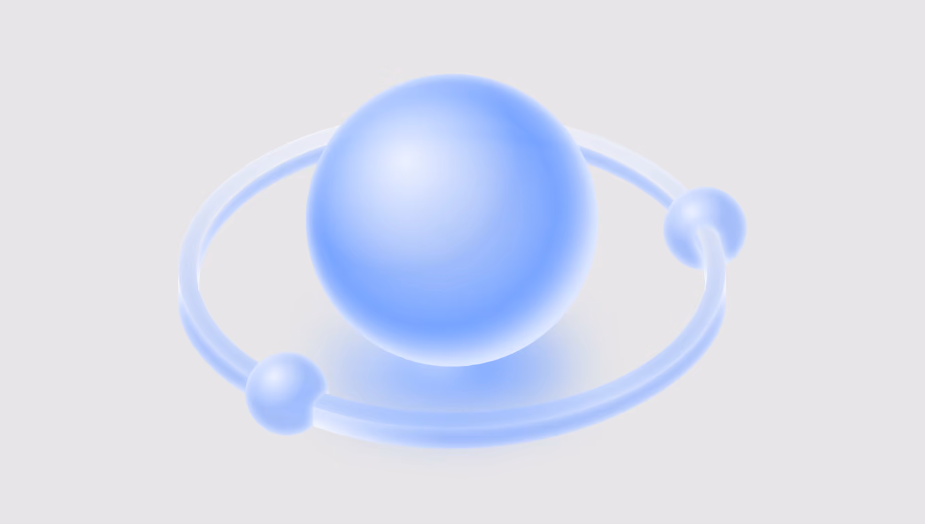 Blue atom model with a large central sphere and two smaller spheres orbiting on a circular path.