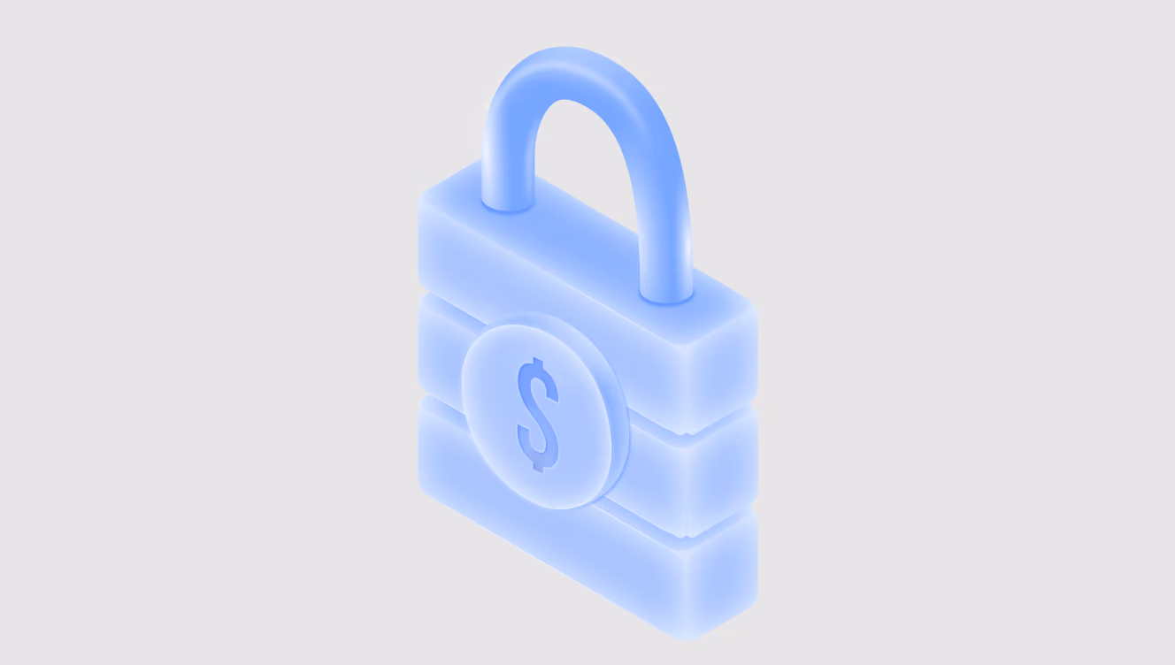 Glowing blue padlock with a dollar sign on a coin in the center.