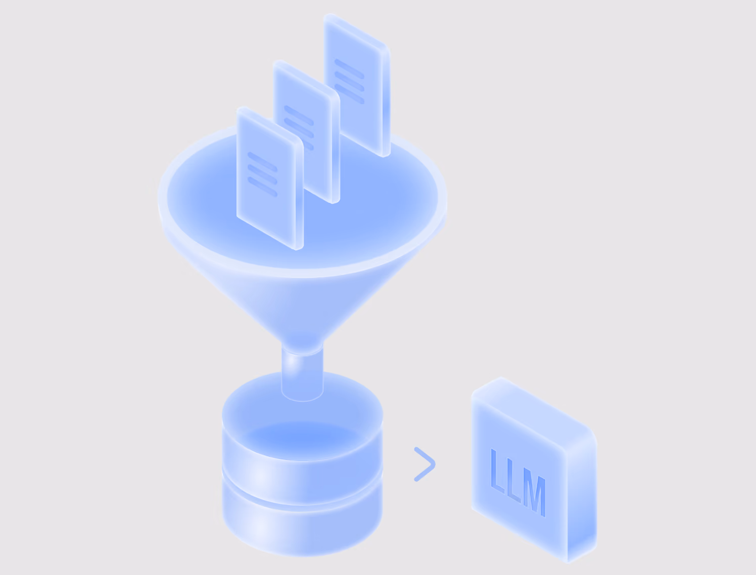 3D icon illustration showing documents funneling into a database, then feeding into an LLM block, representing the RAG retrieval pipeline