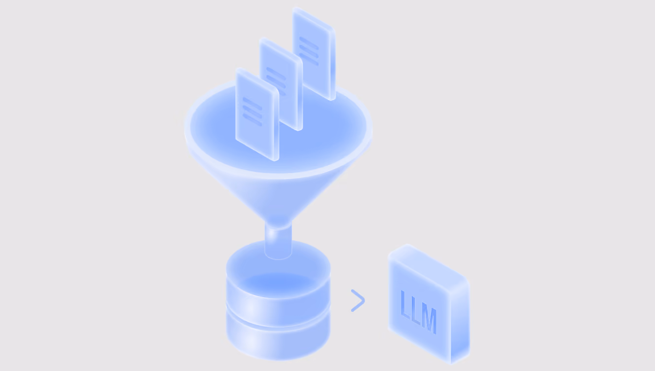 3D icon illustration showing documents funneling into a database, then feeding into an LLM block, representing the RAG retrieval pipeline