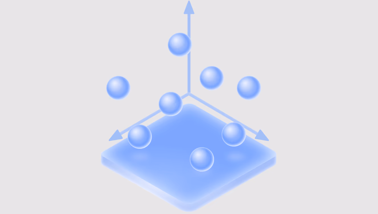 3D illustration of blue spheres clustered around a 3D axis plane, representing embeddings positioned by similarity in vector space