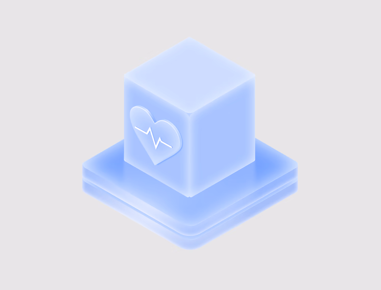 3D illustration of a translucent blue cube with a heart rate pulse icon, symbolizing AI-powered healthcare monitoring