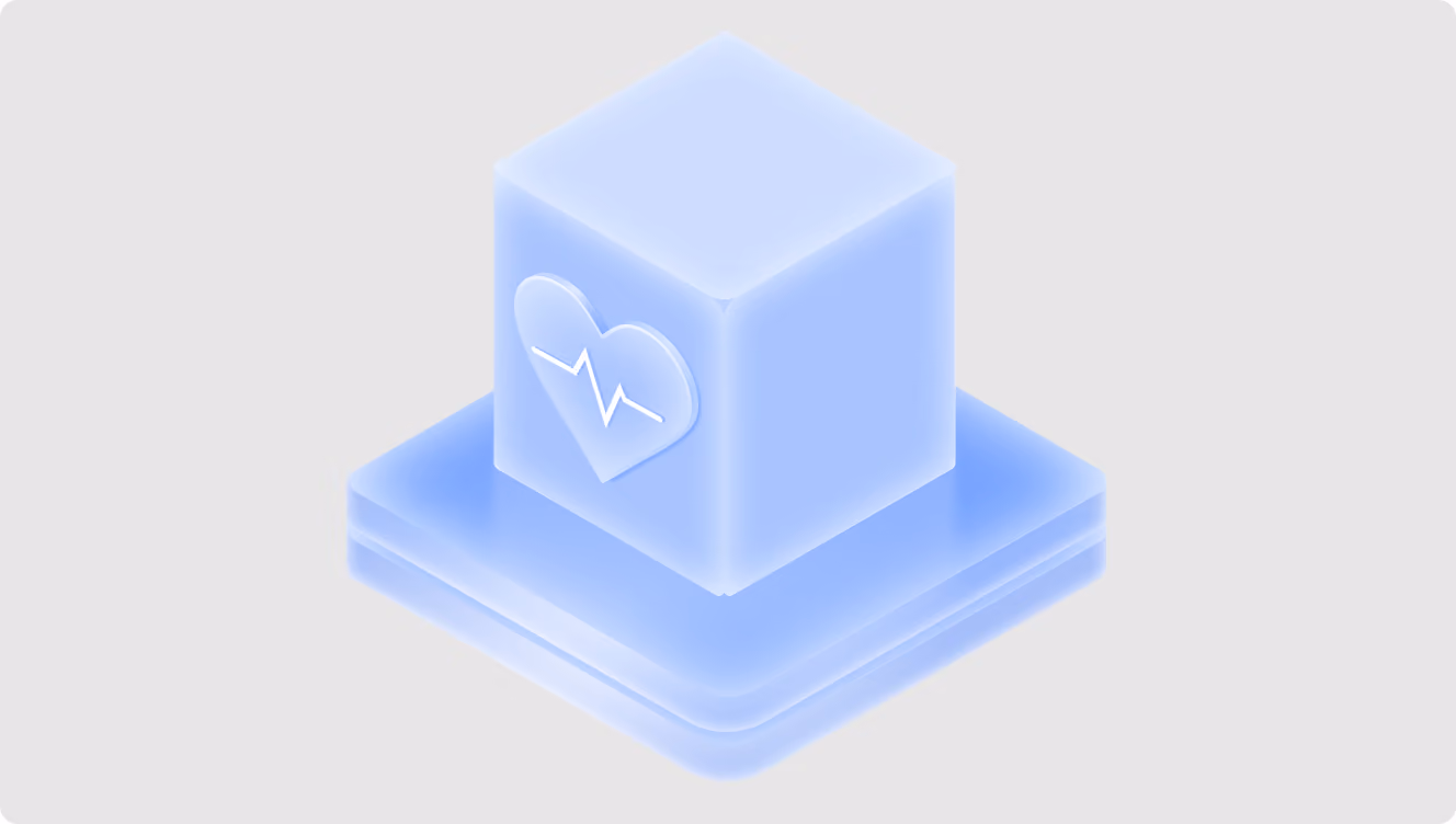 3D illustration of a translucent blue cube with a heart rate pulse icon, symbolizing AI-powered healthcare monitoring