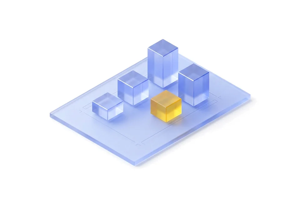 Isometric blue glass blueprint plate with glass blocks rising from it and one yellow block