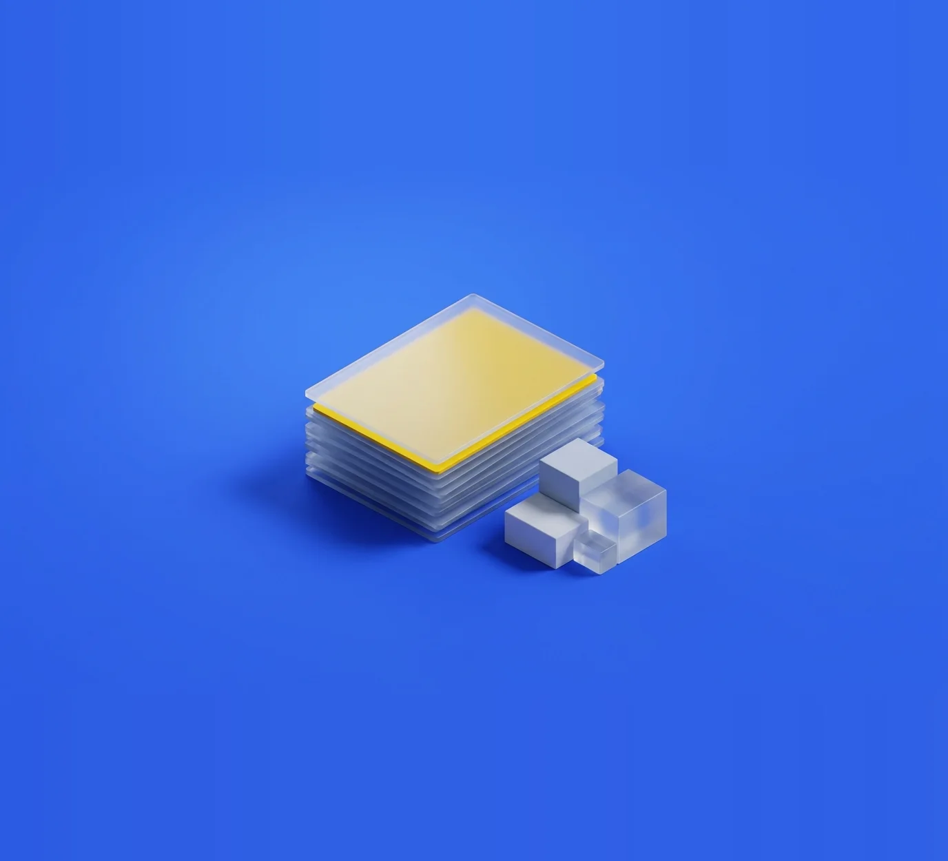 Isometric illustration: a neat stack of glass plates like a log of records, the newest in yellow, next to a small architecture model