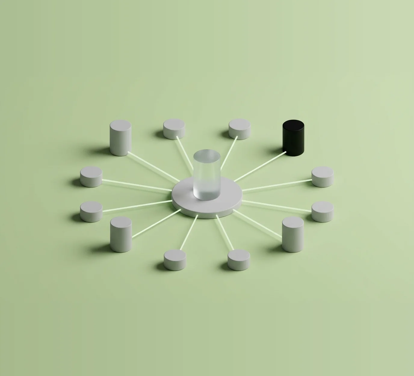 Isometric illustration: a central glass pillar linked by light lines to the pillars around it, a center of excellence spreading practice across teams