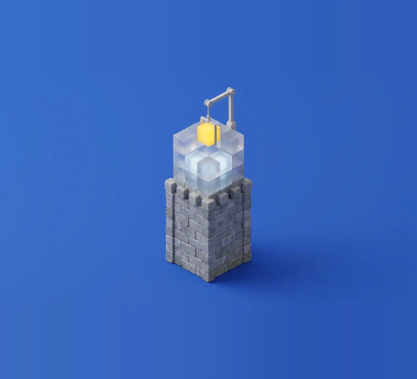 Isometric illustration: an old stone tower being rebuilt on top with light glass blocks, legacy modernization step by step