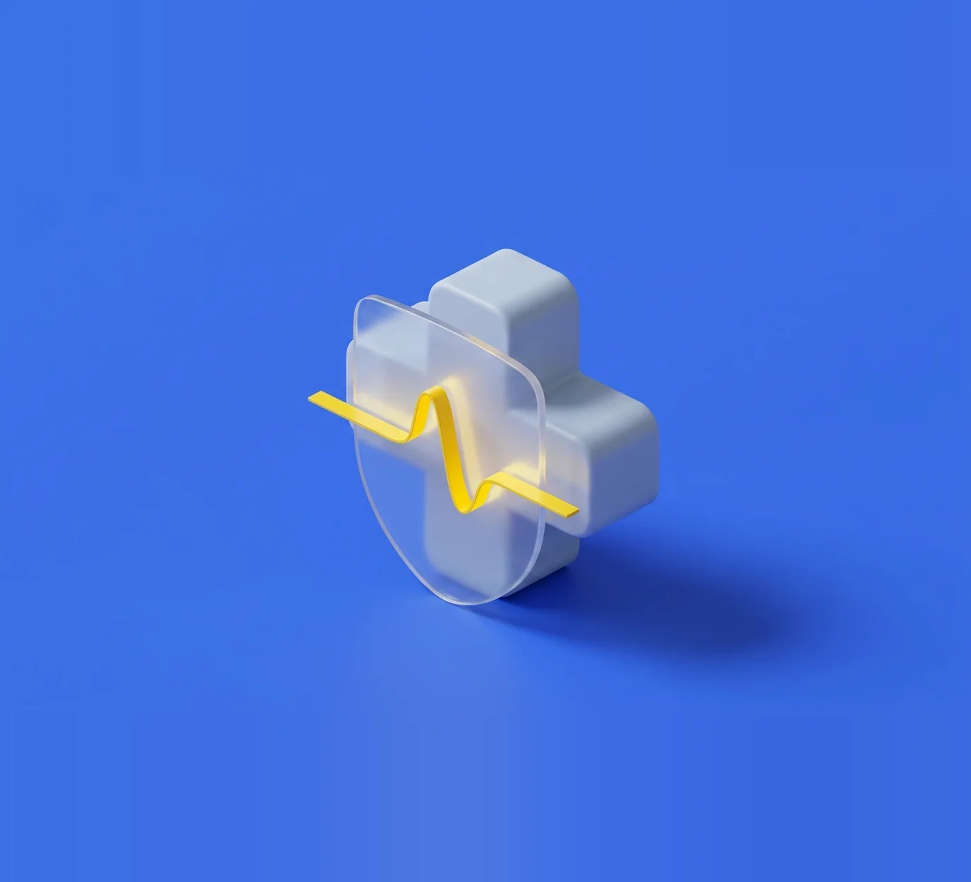 Isometric illustration: a soft grey medical cross behind a glass shield with a yellow pulse line, safe and compliant AI in healthcare