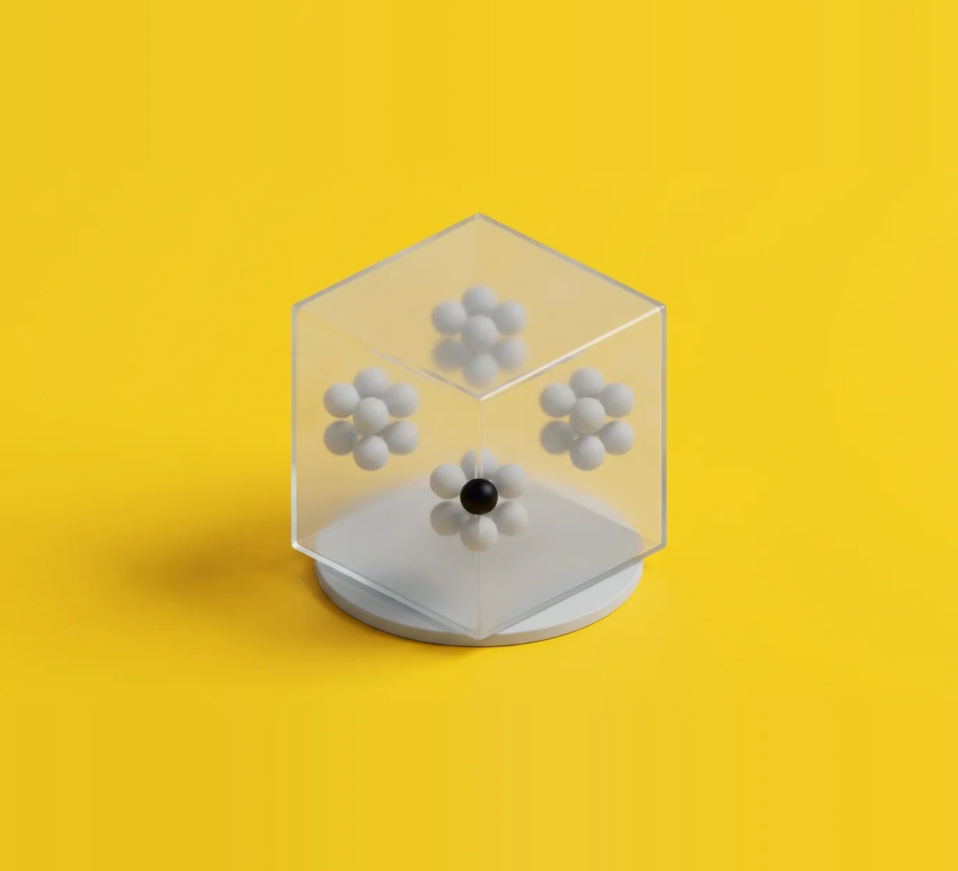 Isometric illustration: a glass cube holding clusters of small spheres grouped by similarity, one black sphere among its neighbours