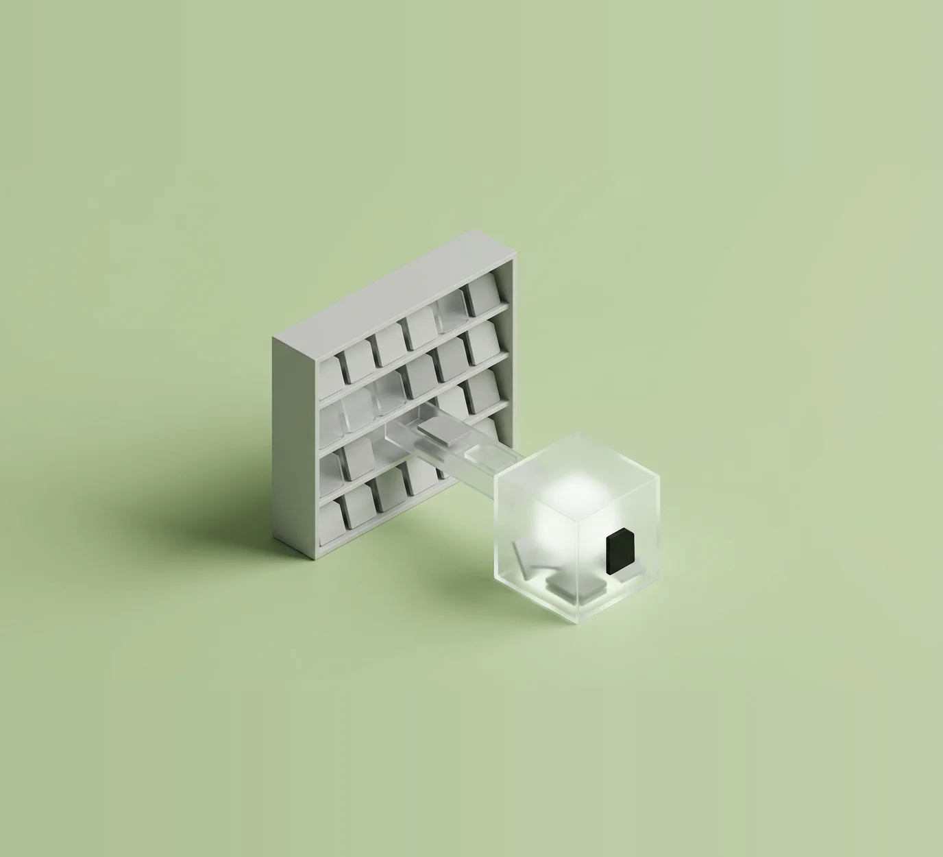 Isometric illustration: document tiles slide from a shelf into a glowing glass cube, the way RAG feeds your documents to a language model