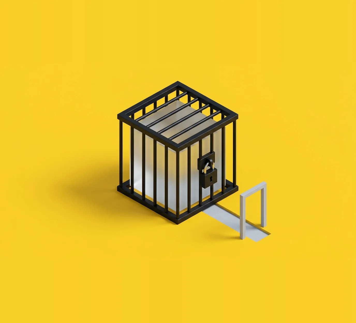 Isometric illustration: a glass cube locked inside a black cage, with an open door path leading out, the cost of vendor lock-in