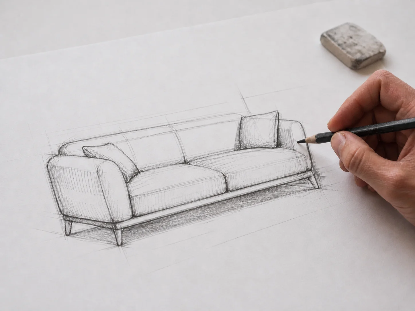Boceto a lápiz de un sofá a medida
