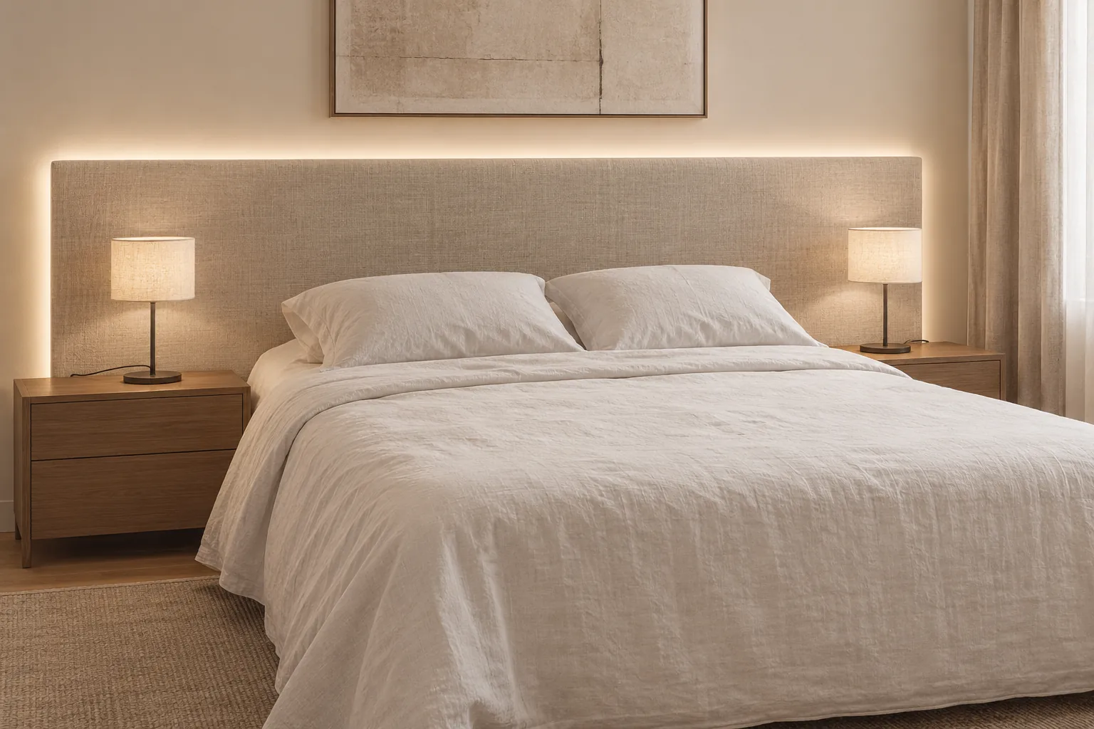 Cabecero retroiluminado con luz cálida posterior en dormitorio moderno con mesitas de madera