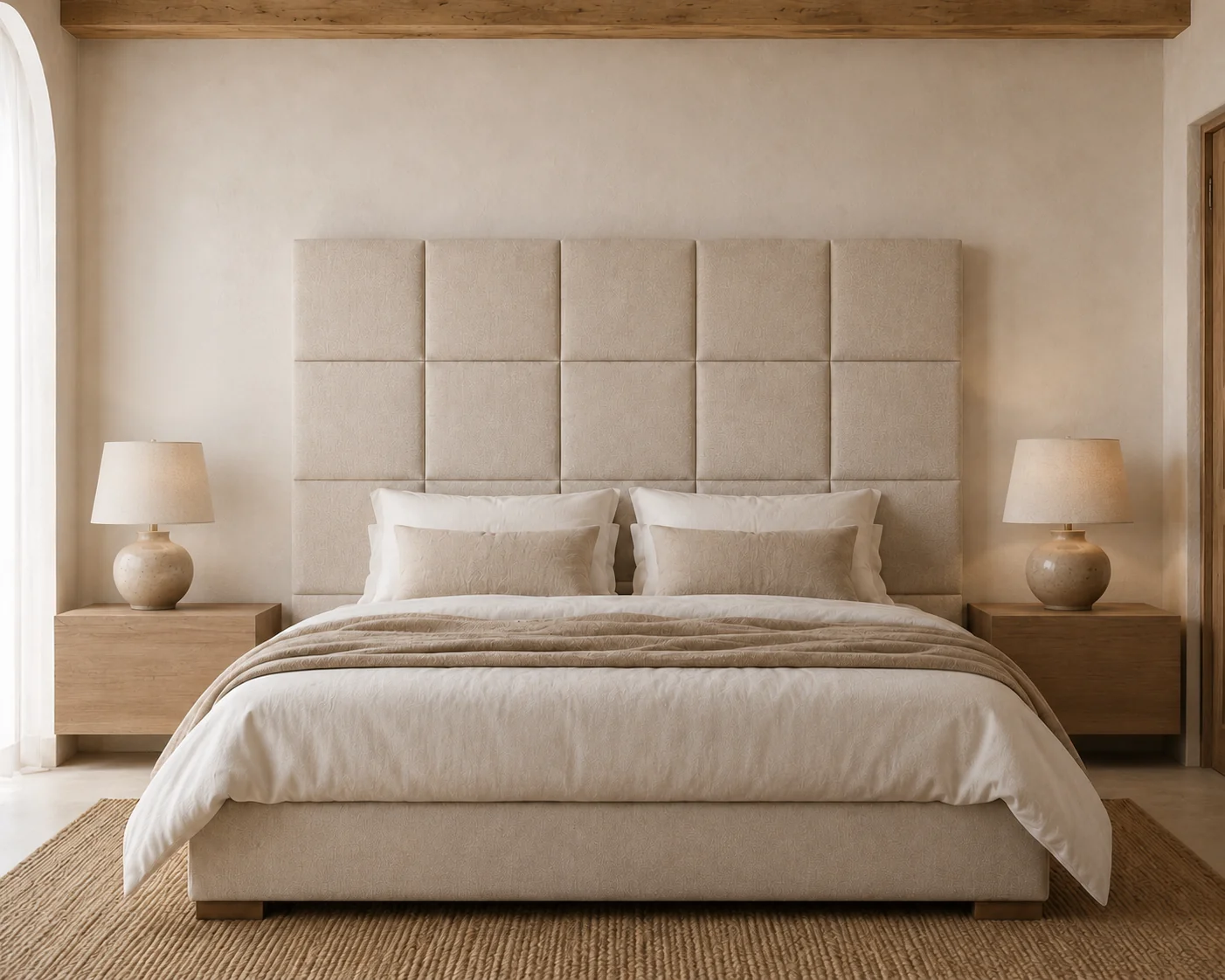 Cabecero a medida panelado en cuadrantes tapizado en tono beige sobre cama con ropa blanca