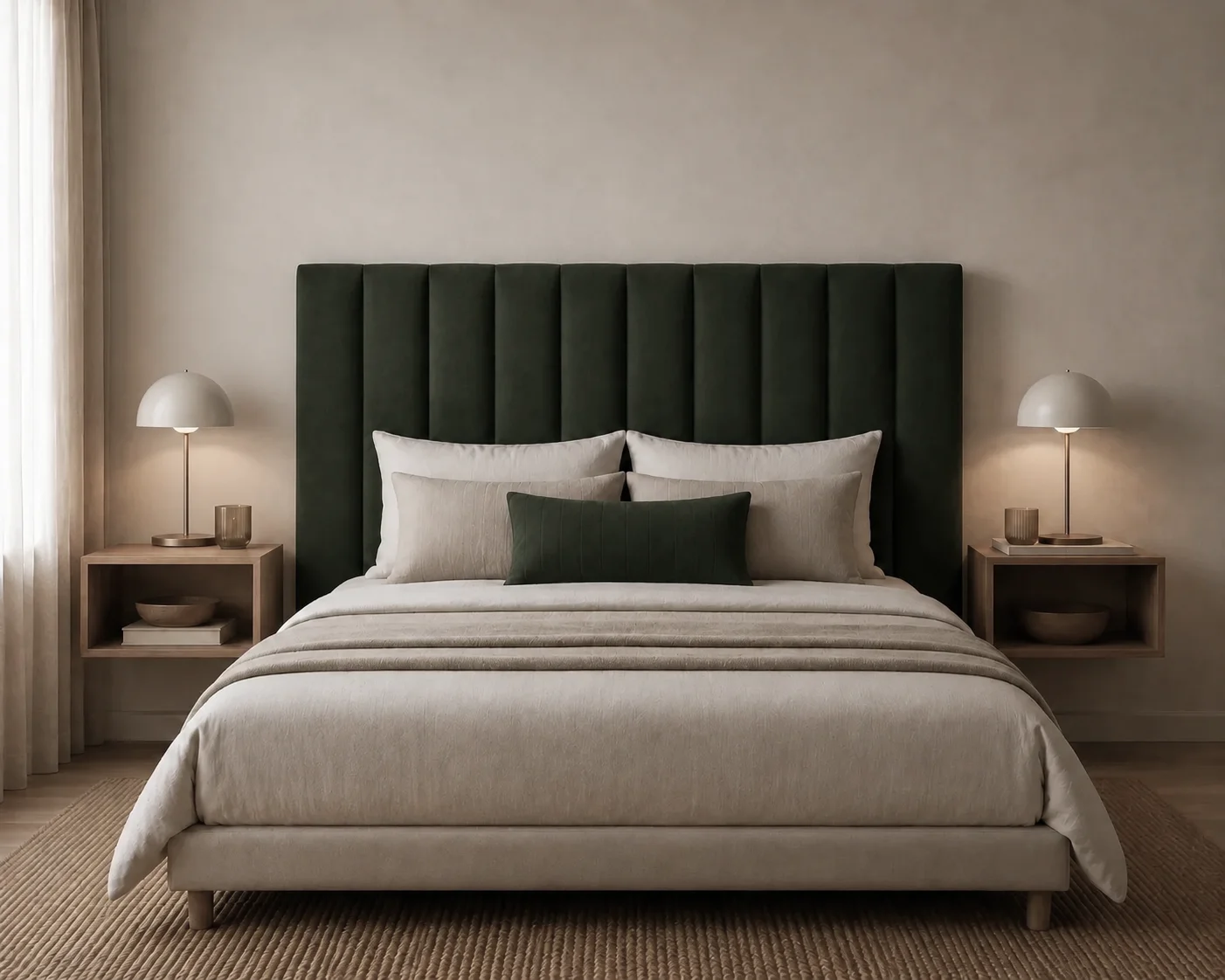 Cabecero a medida en terciopelo verde con costuras verticales en dormitorio con ropa de cama clara