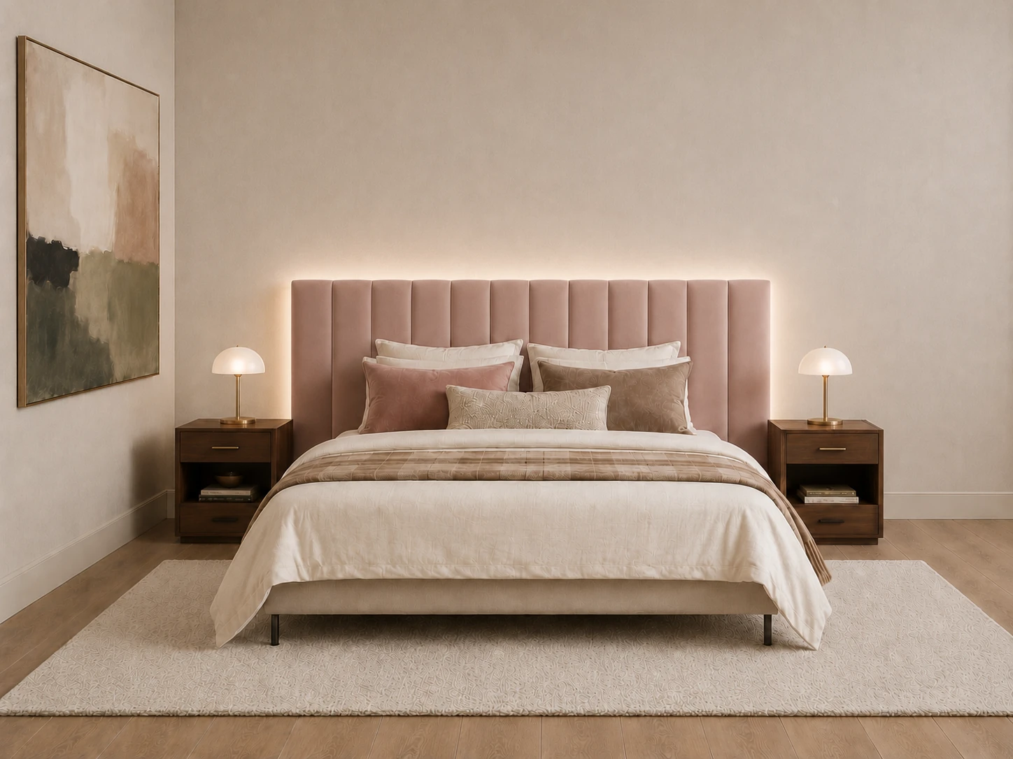 Cabecero con luz integrada en tejido rosa con costuras verticales y resplandor perimetral sobre la pared