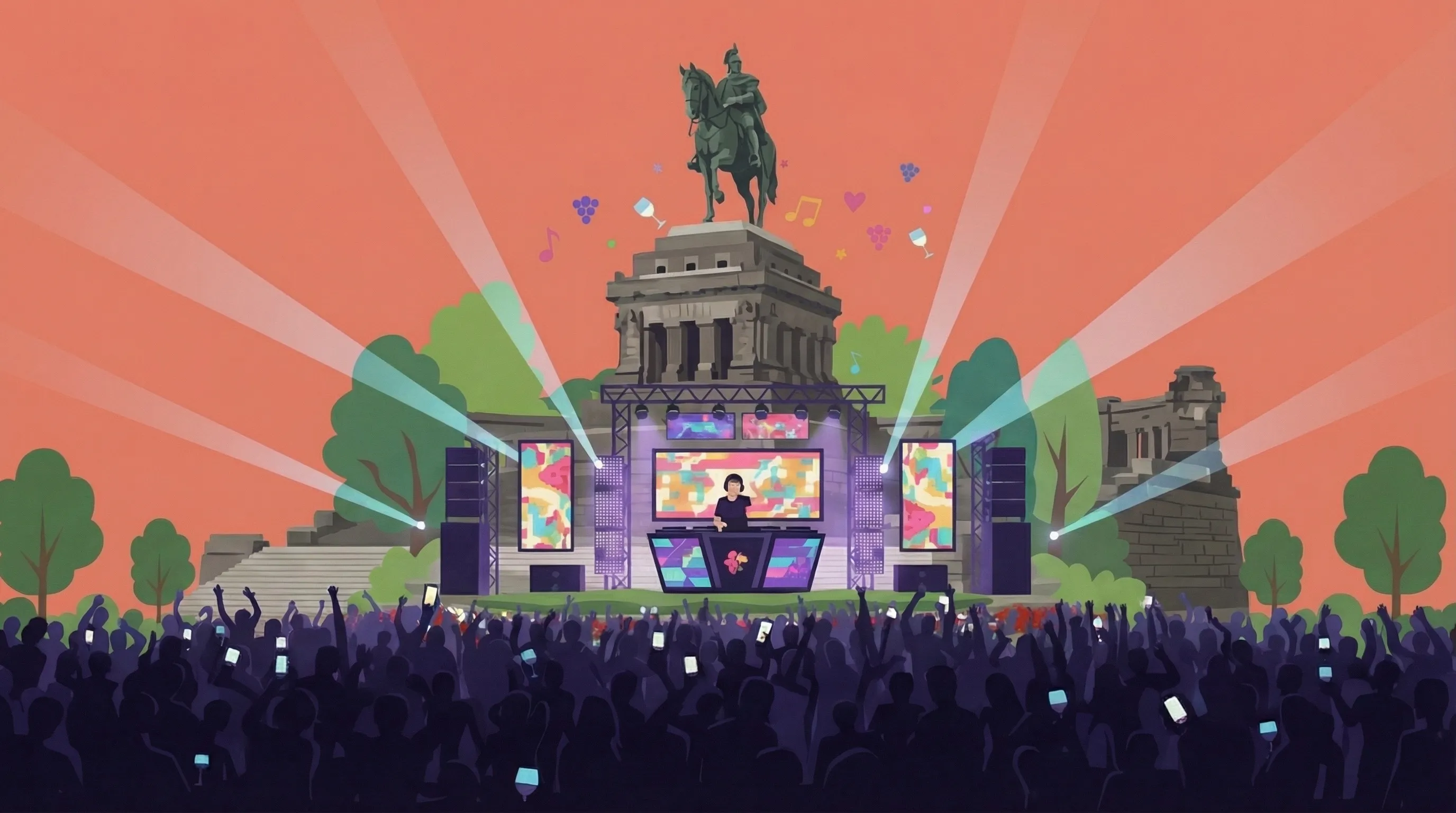 Feiernde Menschenmenge vor einer DJ-Bühne als Illustration für das Electronic Wine Festival in Koblenz.