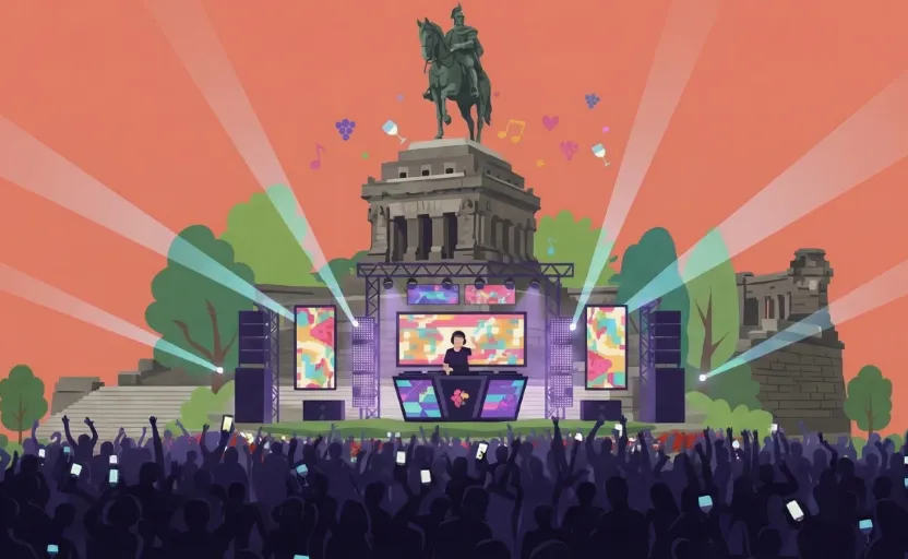 Feiernde Menschenmenge vor einer DJ-Bühne als Illustration für das Electronic Wine Festival in Koblenz.