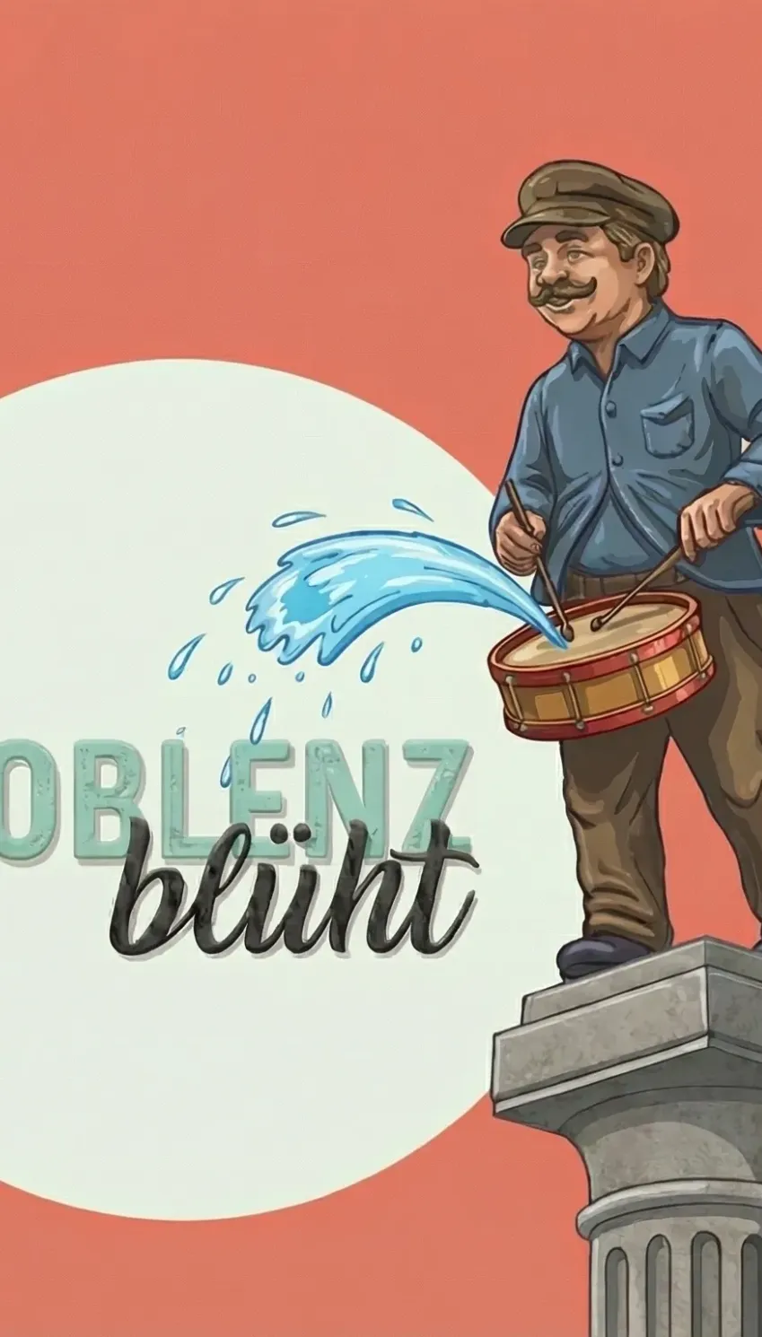 Illustration eines Mannes auf einer Säule, der bunte Blumen pustet, für das Frühlingsfest Koblenz blüht.